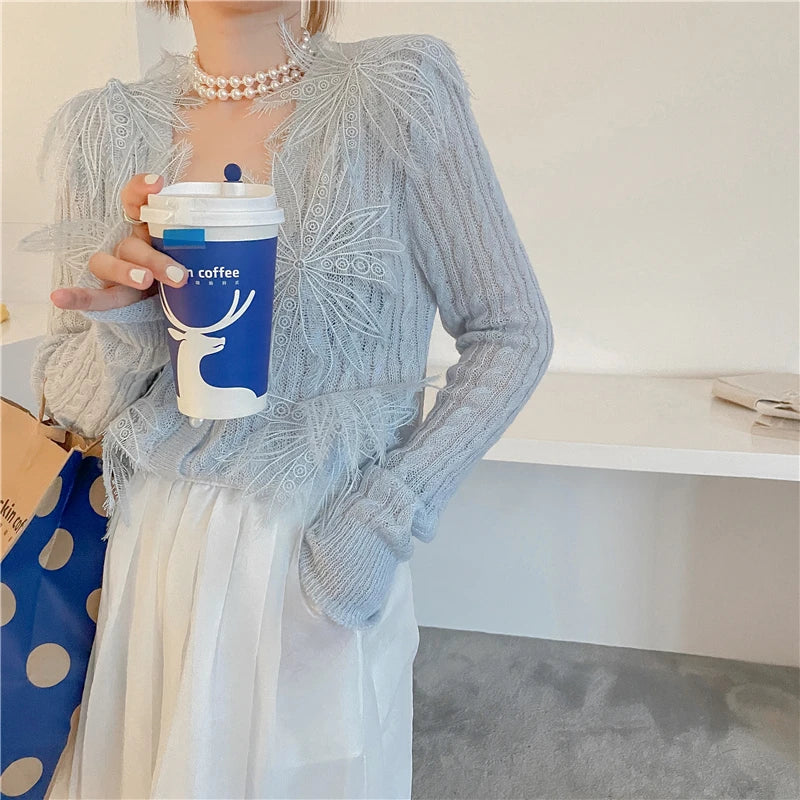 Sexy Embroidered Flower Knitted Blouse Party Blouse