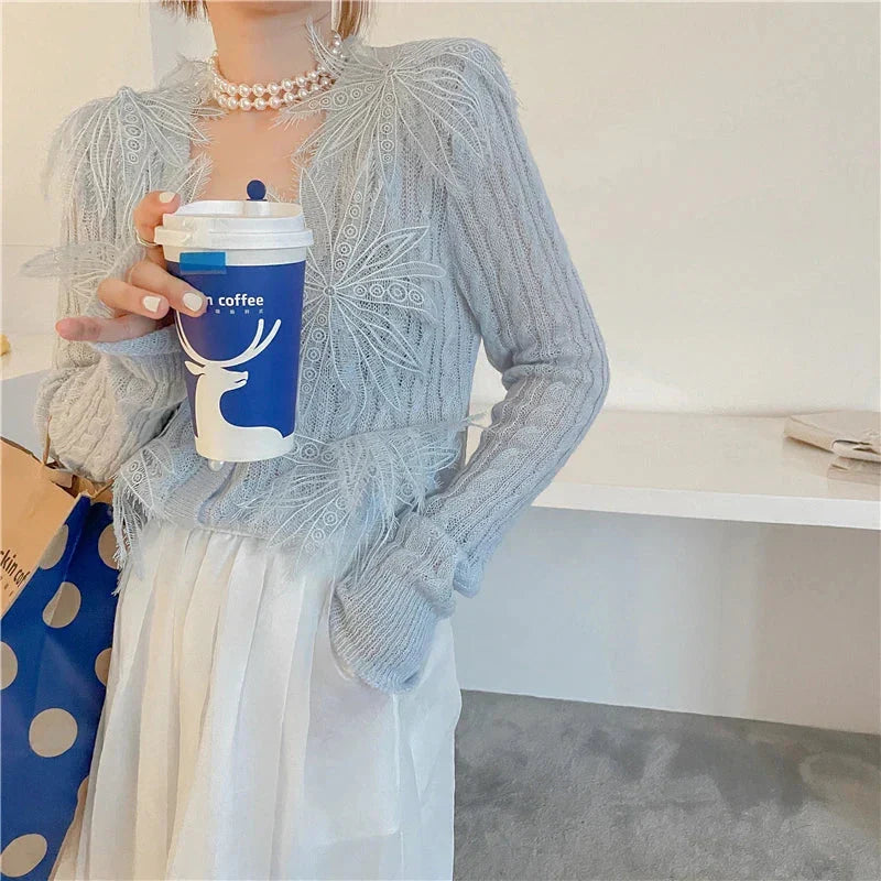 Sexy Embroidered Flower Knitted Blouse Party Blouse Blue / One Size blouse-250126