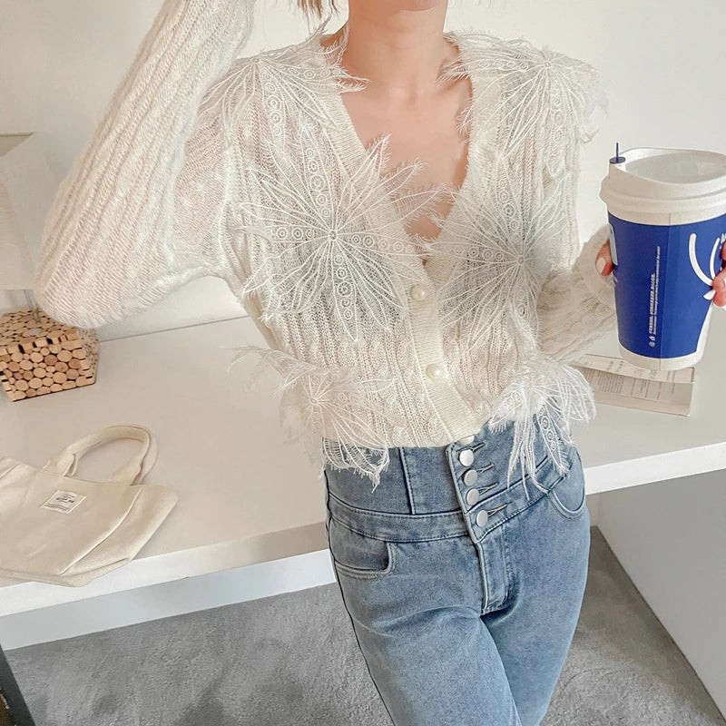 Sexy Embroidered Flower Knitted Blouse Party Blouse