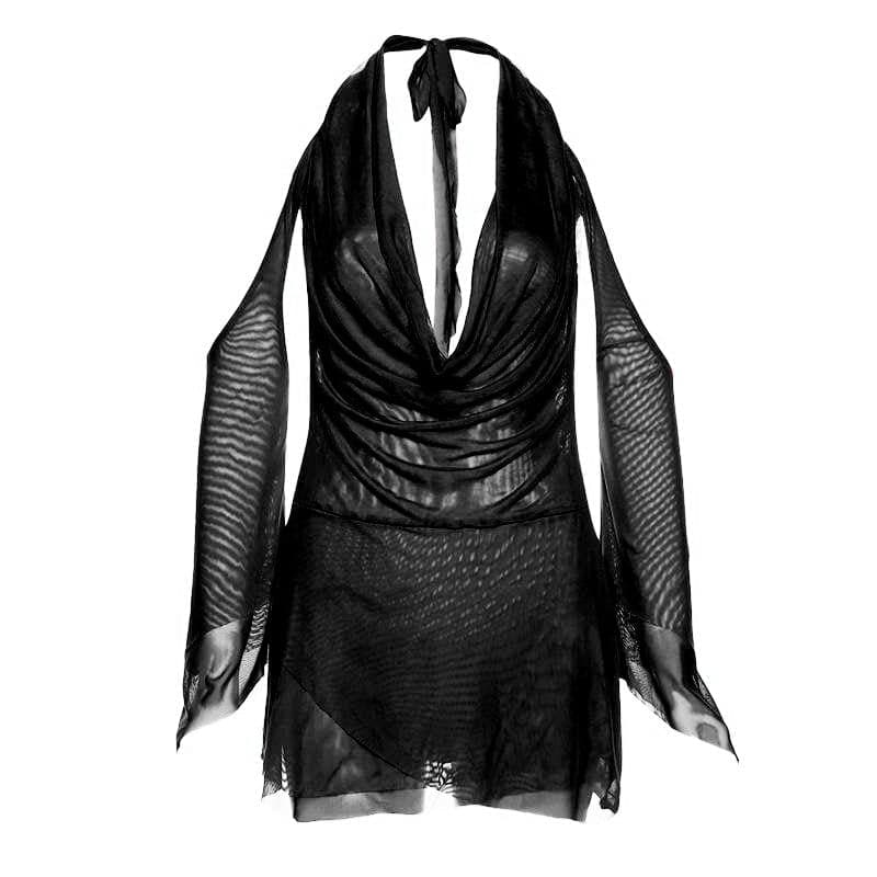 Mesh Cowl Neck Halter Long Sleeve Ruched Mini Dress - View 4