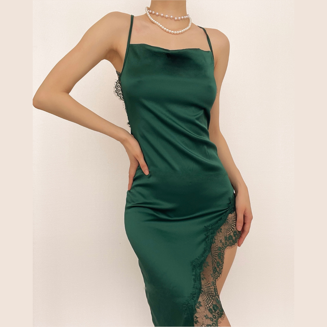 Spaghetti Strap Lace Trim Satin Slip High Split Midi Dress - View 3