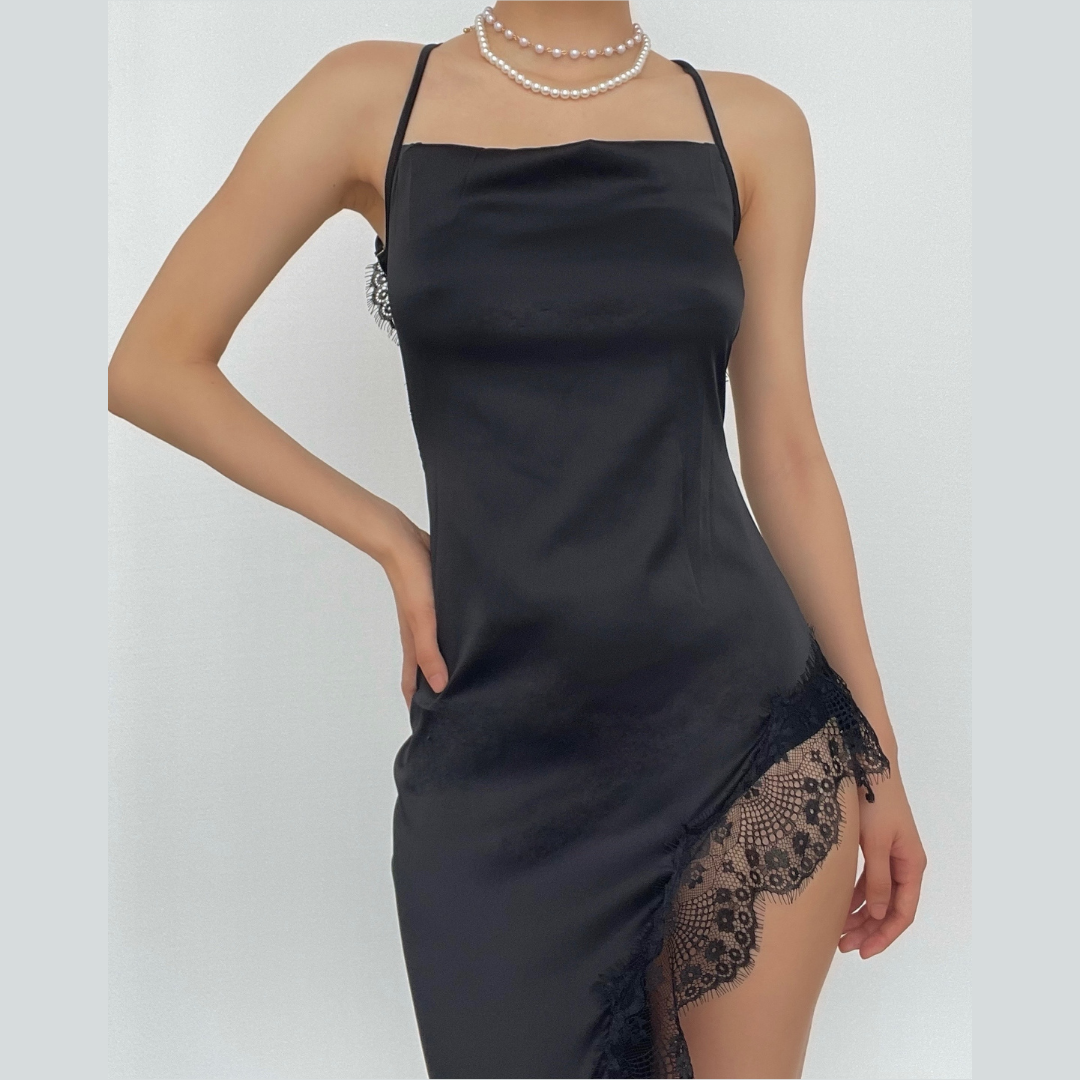 Spaghetti Strap Lace Trim Satin Slip High Split Midi Dress - View 2