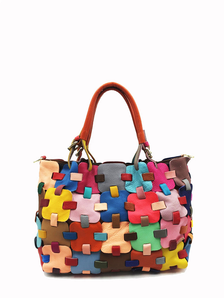 Fashion Genuine Leather Plaid Spliced Handbag