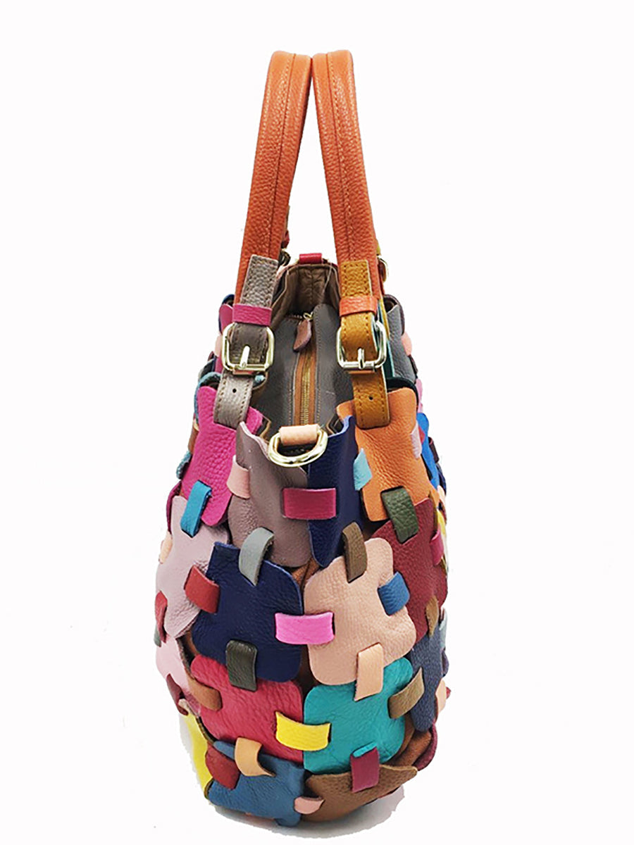 Fashion Genuine Leather Plaid Spliced Handbag