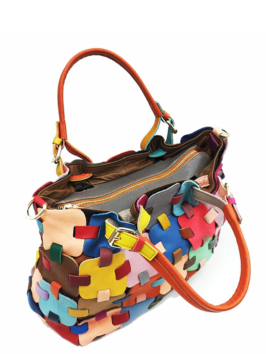 Fashion Genuine Leather Plaid Spliced Handbag