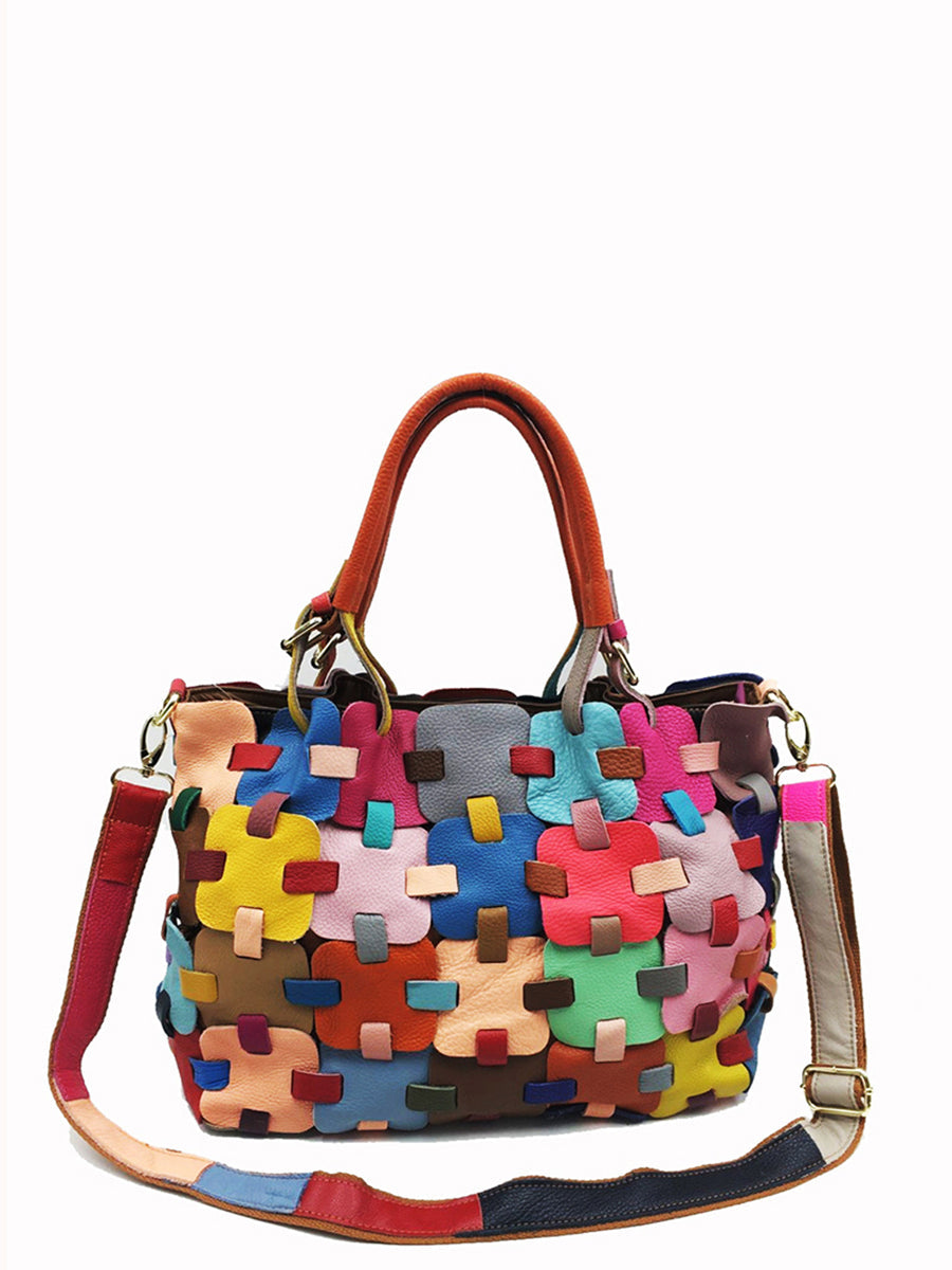 Fashion Genuine Leather Plaid Spliced Handbag