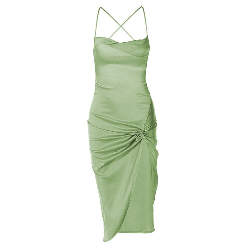 Sleeveless cross back cowl neck slit lace up self tie midi dress - View 8