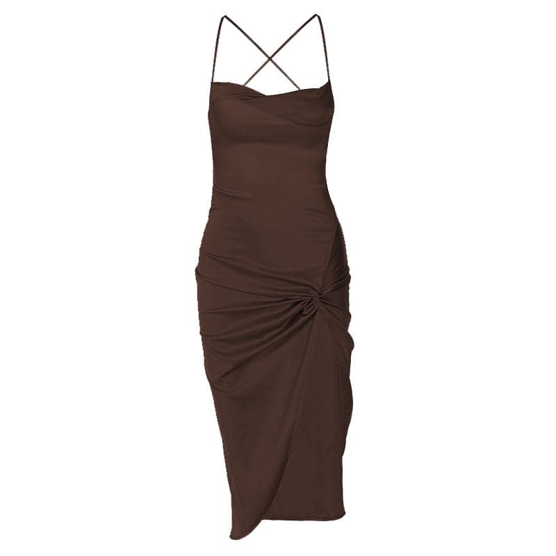 Sleeveless cross back cowl neck slit lace up self tie midi dress - View 9