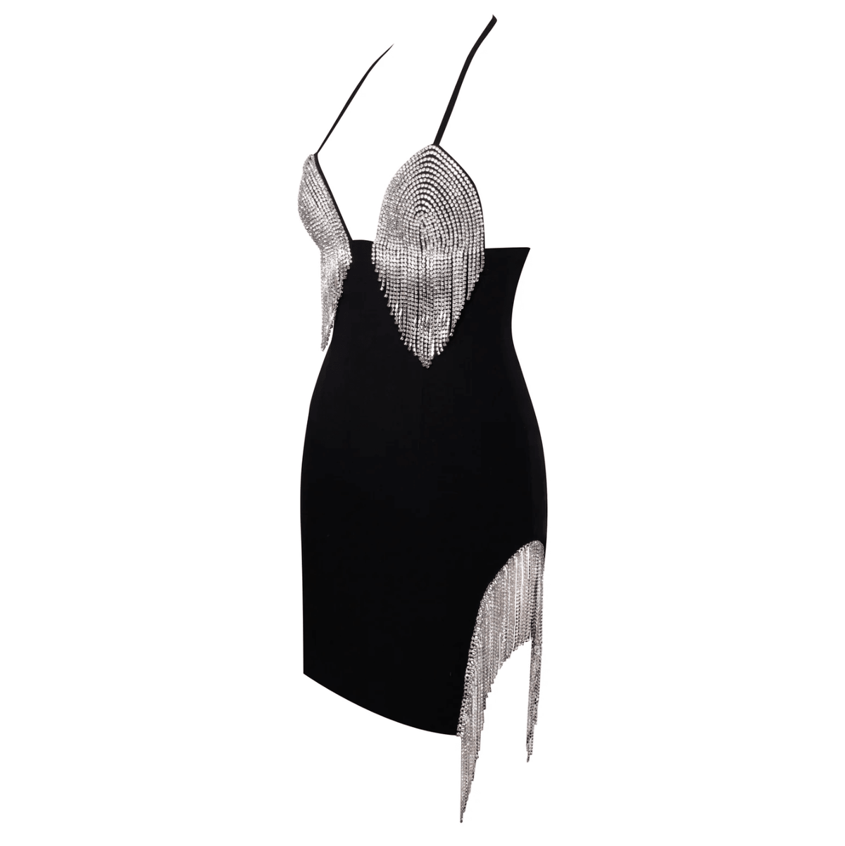 Rhinestone Fringe Halter Deep V-Neck Bodycon Mini Dress - View 17