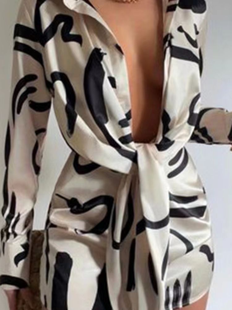 Abstract Print Collared Long Sleeve Twist-Front Mini Dress 4