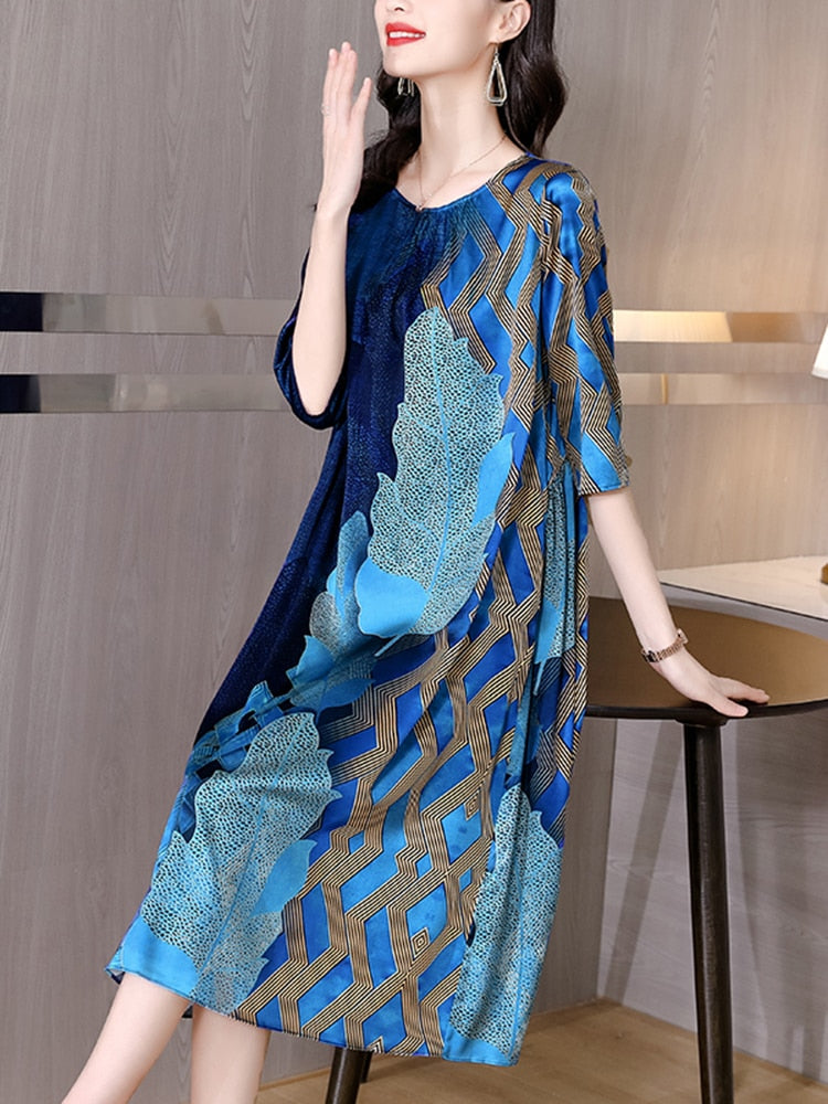 Botanical Print Three Quarter Sleeve Round Neck A-Line Midi Dress - View 2