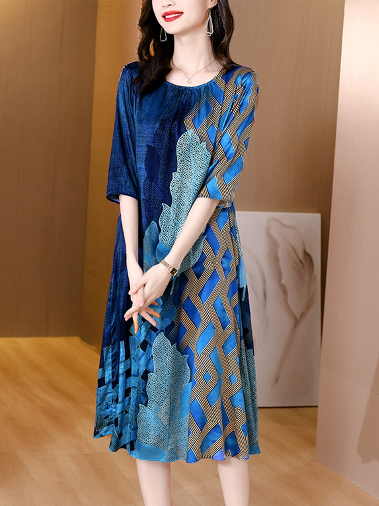 Botanical Print Three Quarter Sleeve Round Neck A-Line Midi Dress - View 5