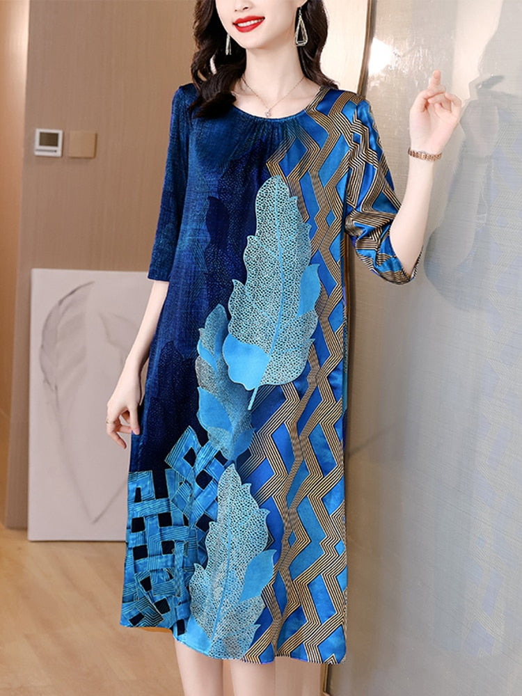 Botanical Print Three Quarter Sleeve Round Neck A-Line Midi Dress - View 4