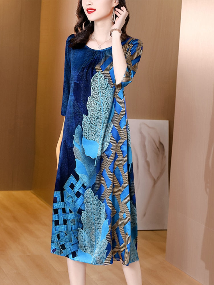 Botanical Print Three Quarter Sleeve Round Neck A-Line Midi Dress - View 3