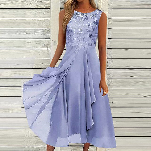 Floral Embroidered Round Neck Sleeveless Layered Midi Dress - View 3