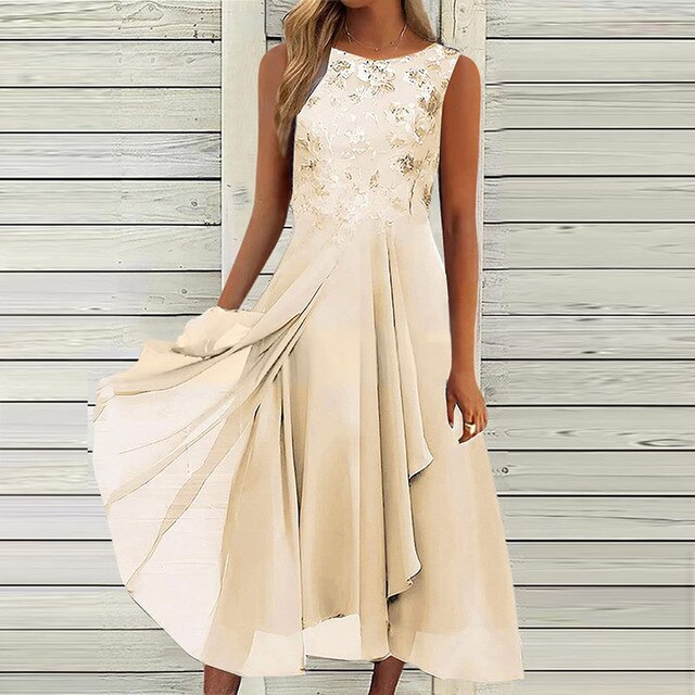 Floral Embroidered Round Neck Sleeveless Layered Midi Dress - View 4