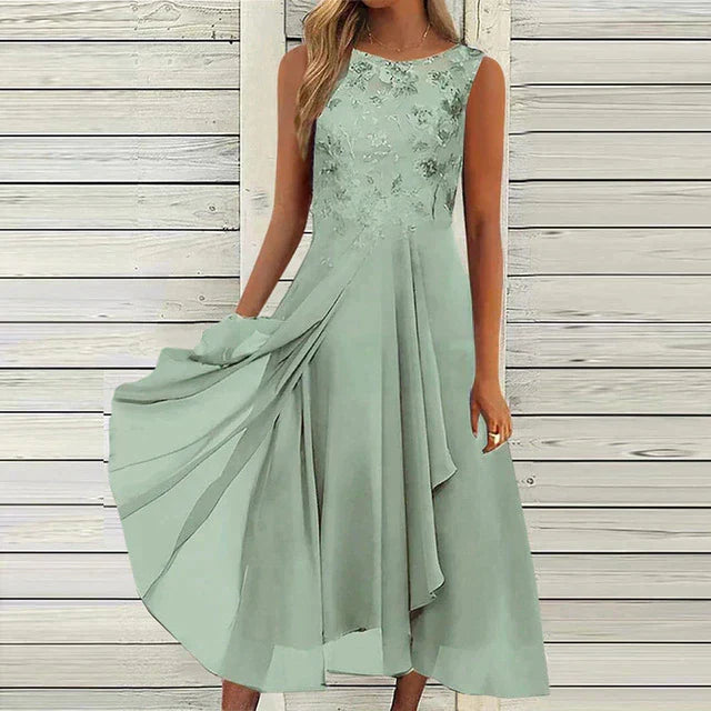 Floral Embroidered Round Neck Sleeveless Layered Midi Dress