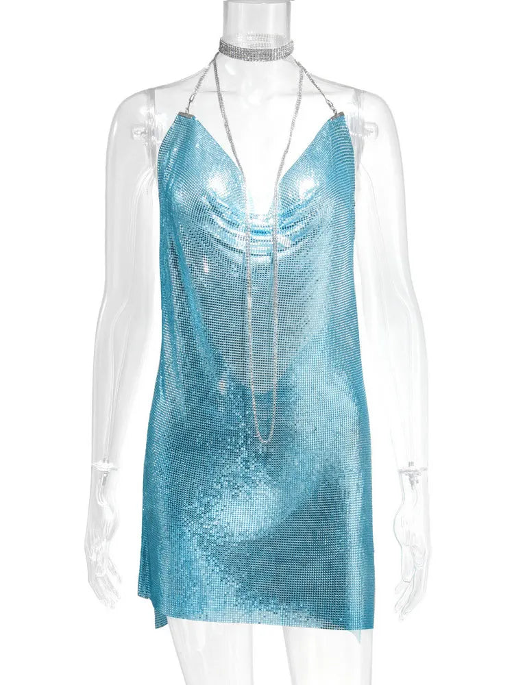 Metallic Sequin Halter Deep-V Backless Mini Dress 6