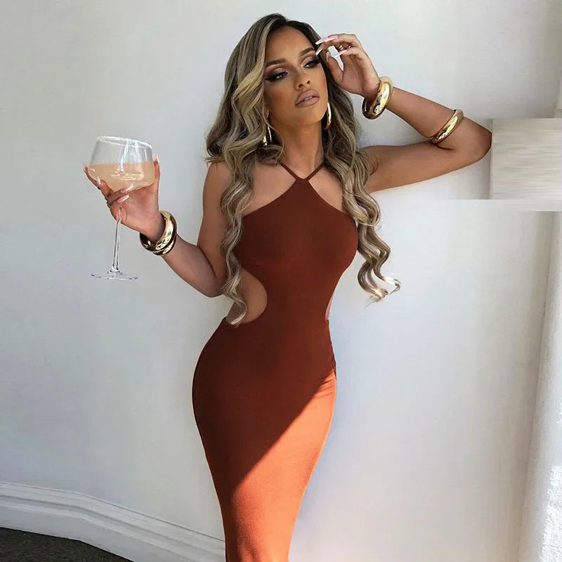Ribbed Knit Halter Cross-Neck Cutout Waist Bodycon Dress 7