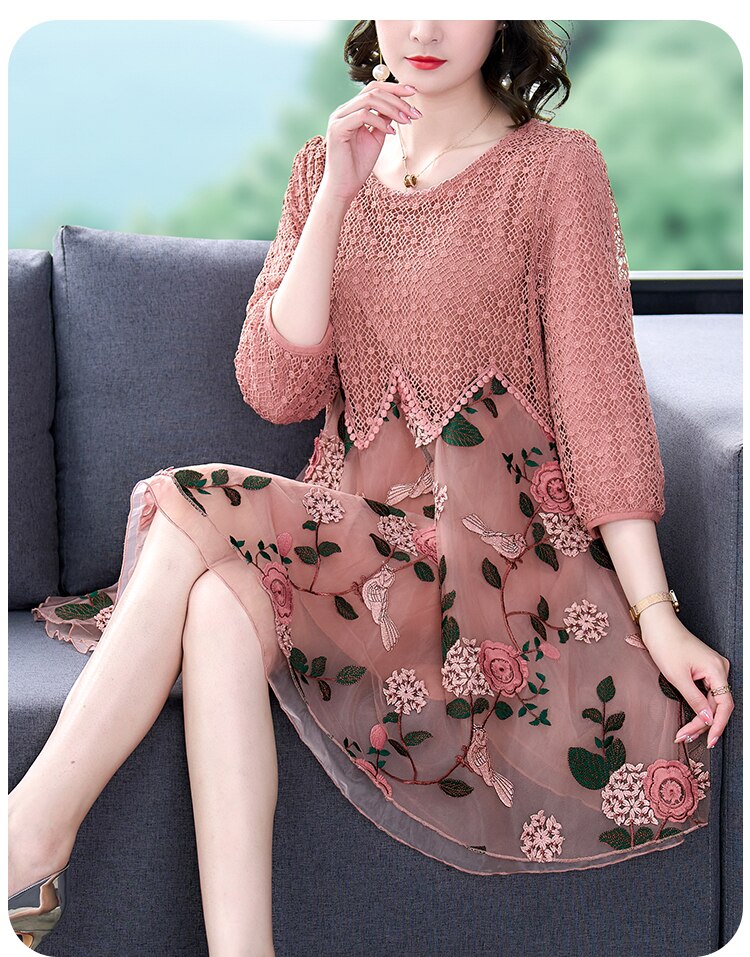 Embroidered Floral Bird Geometric Lace Overlay Zigzag Midi Dress