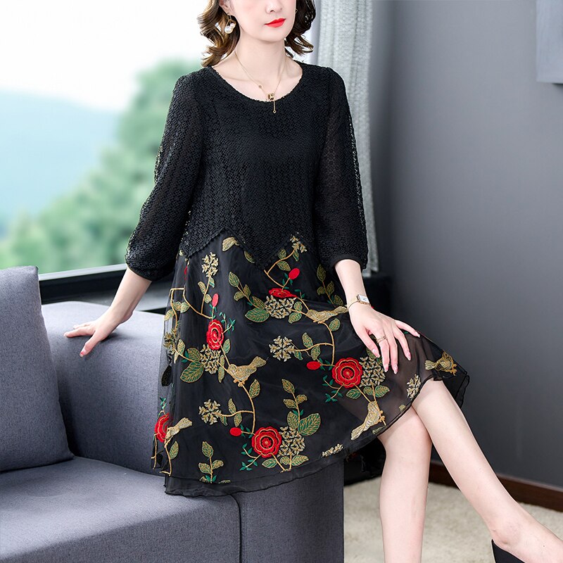 Embroidered Floral Bird Geometric Lace Overlay Zigzag Midi Dress - View 4