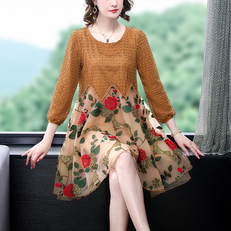 Embroidered Floral Bird Geometric Lace Overlay Zigzag Midi Dress - View 5