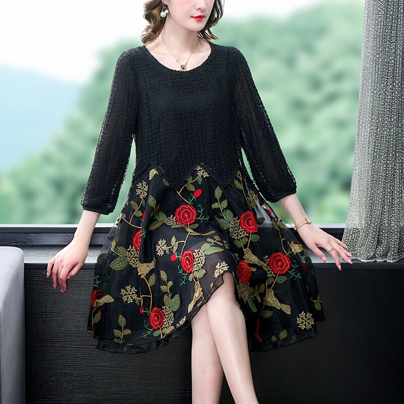Embroidered Floral Bird Geometric Lace Overlay Zigzag Midi Dress - View 3