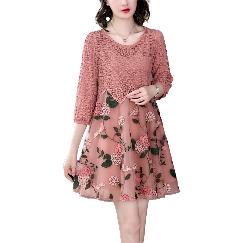 Embroidered Floral Bird Geometric Lace Overlay Zigzag Midi Dress - View 6