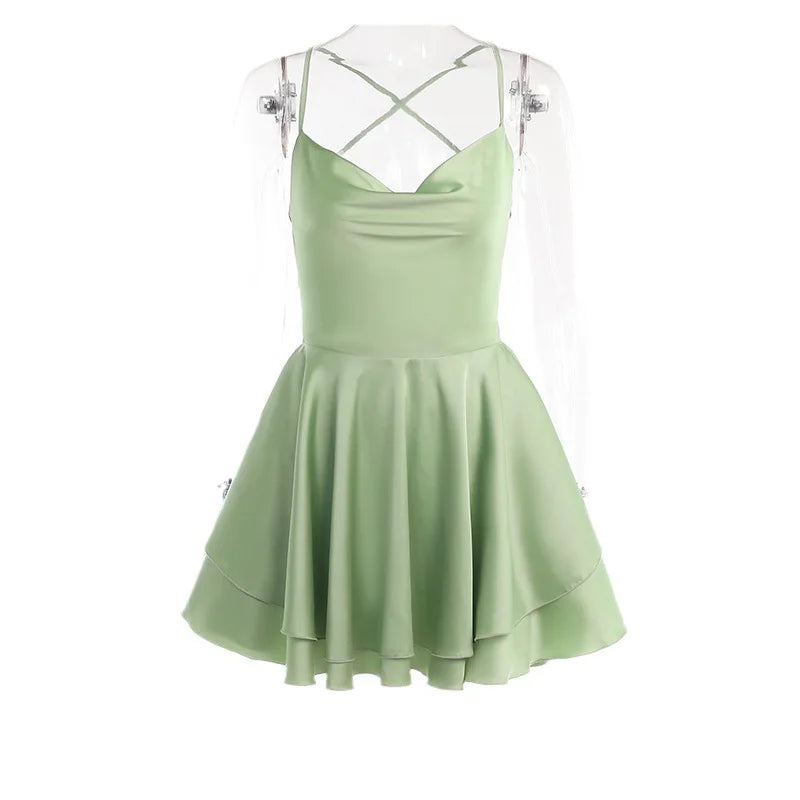 Satin Cowl-Neck Spaghetti-Strap Ruffle Mini Dress