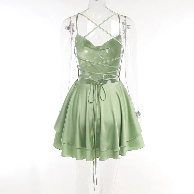 Satin Cowl-Neck Spaghetti-Strap Ruffle Mini Dress