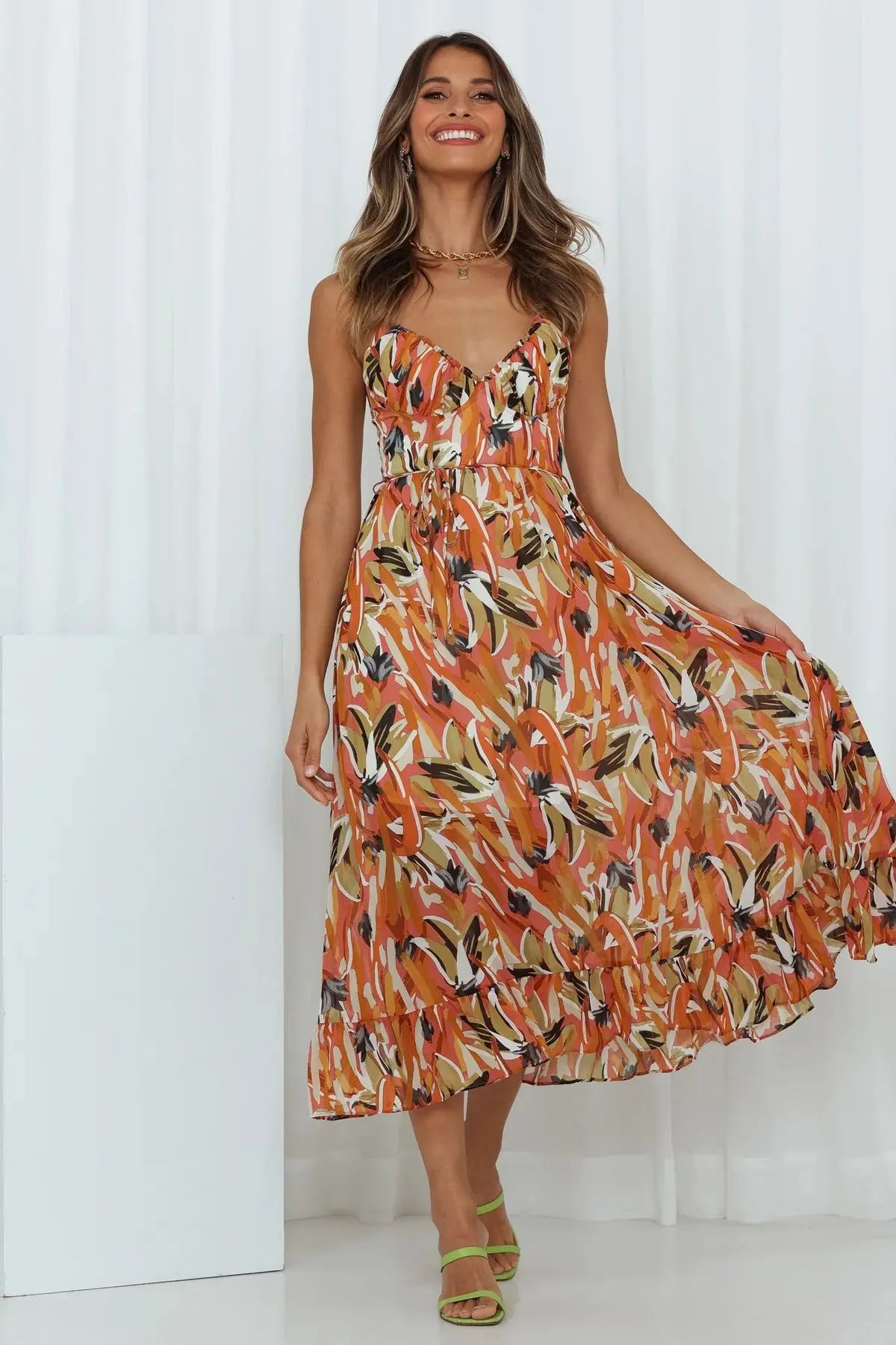 Spaghetti Strap Sweetheart Bustier Tie Waist A-Line Midi Dress