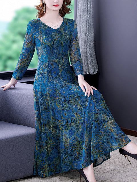 Floral Print V-Neck Long Sleeve Fit and Flare Maxi Dress