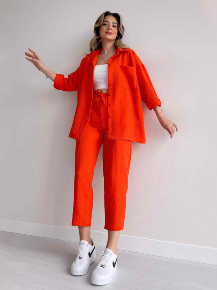 Oversized Shirt and Drawstring Tapered Pants Two Piece Set 2