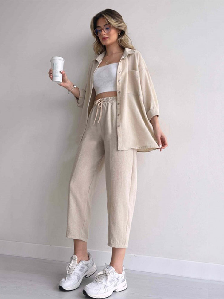 Oversized Shirt and Drawstring Tapered Pants Two Piece Set