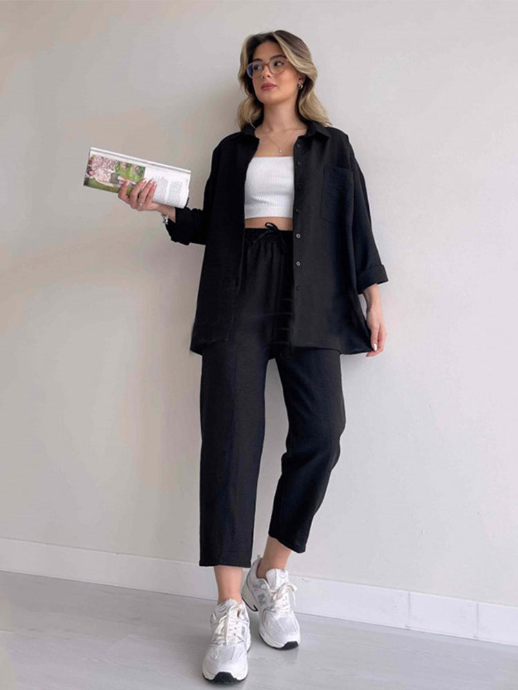 Oversized Shirt and Drawstring Tapered Pants Two Piece Set 3