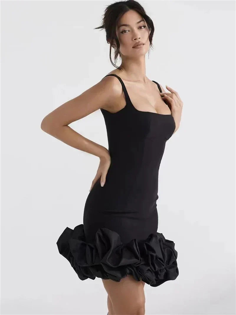 Square Neck Rosette Ruffle Hem Bodycon Mini Dress 3