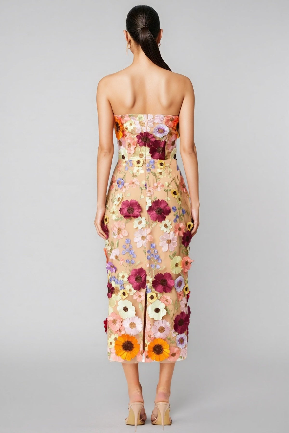 3D Floral Applique Strapless Mesh Bodycon Midi Dress - View 4