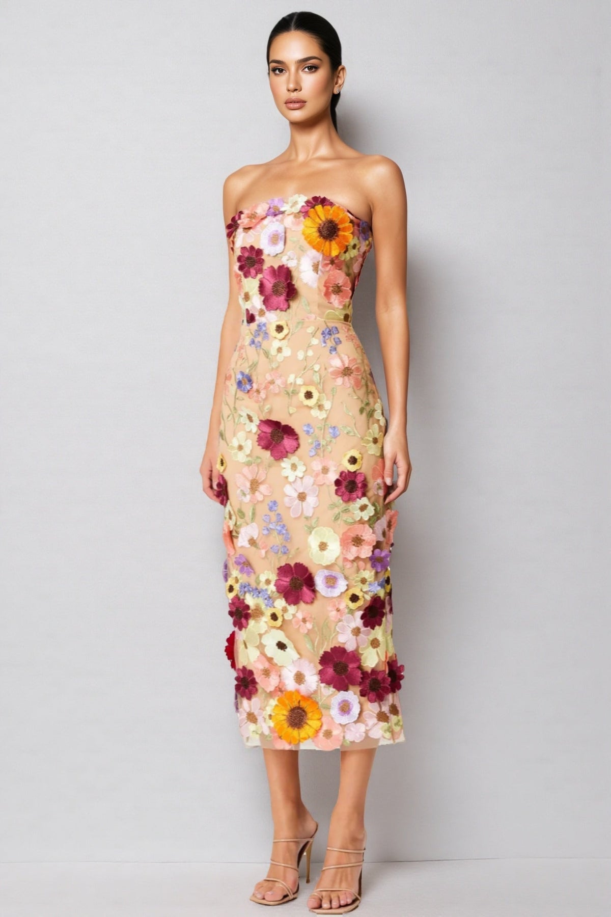 3D Floral Applique Strapless Mesh Bodycon Midi Dress - View 3