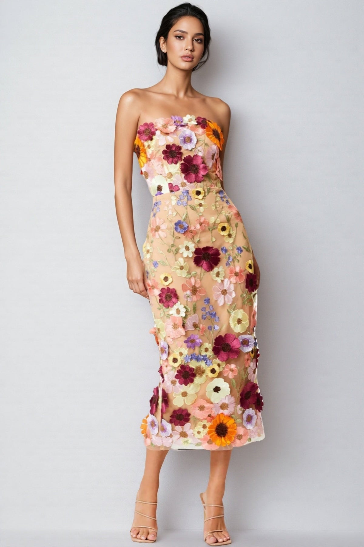 3D Floral Applique Strapless Mesh Bodycon Midi Dress - View 5