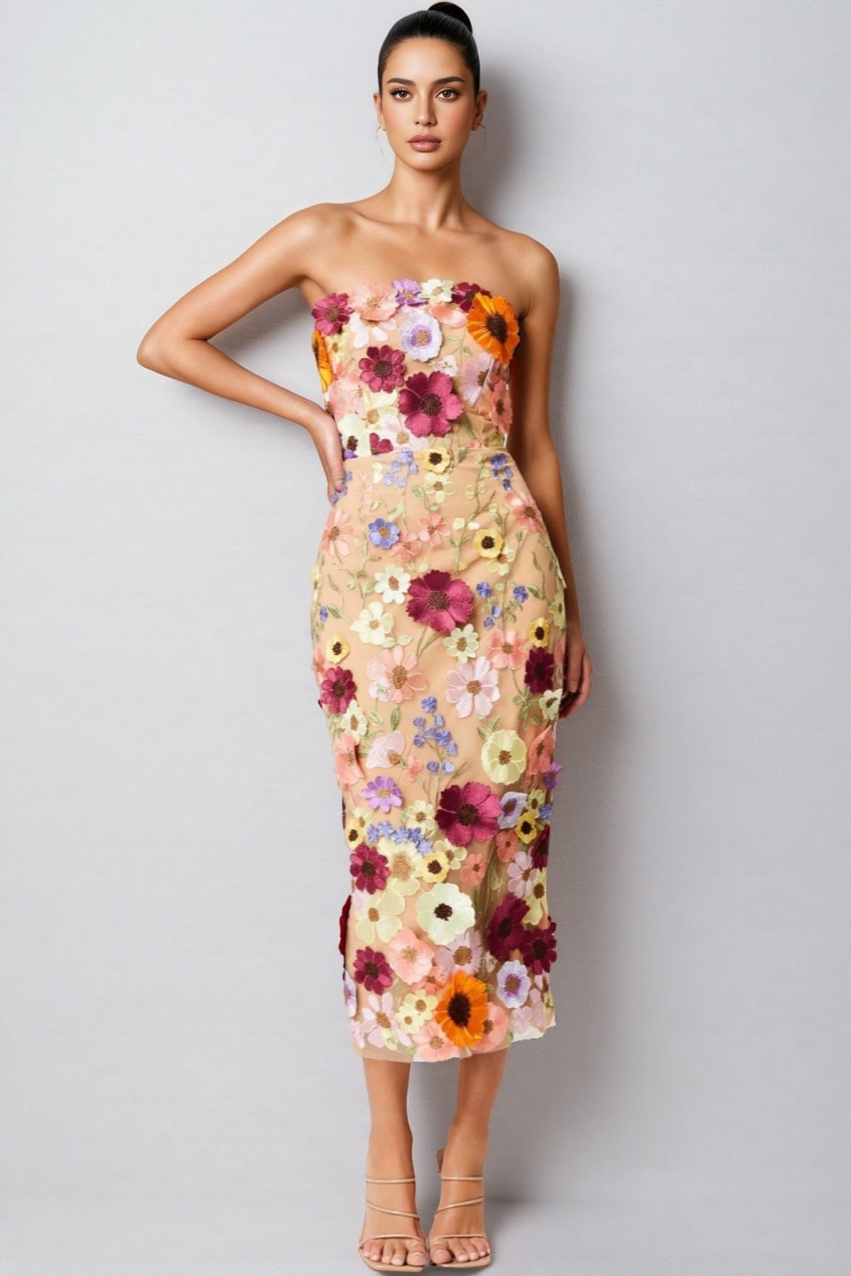 3D Floral Applique Strapless Mesh Bodycon Midi Dress - View 2