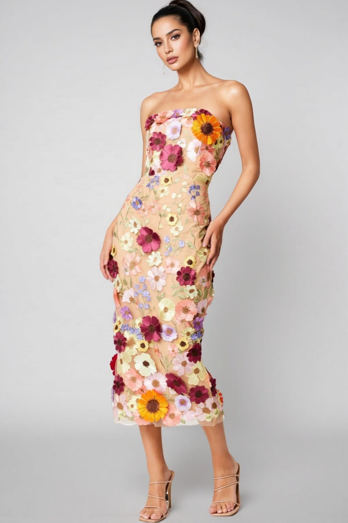 3D Floral Applique Strapless Mesh Bodycon Midi Dress - View 8