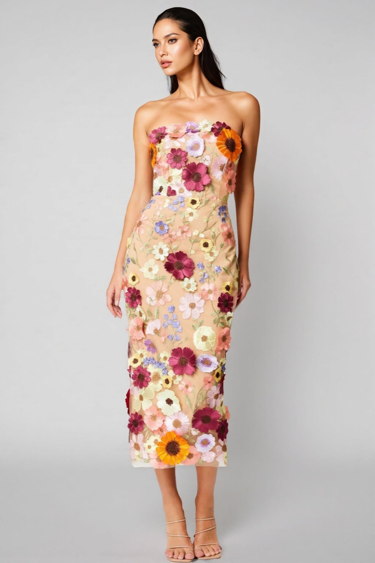 3D Floral Applique Strapless Mesh Bodycon Midi Dress - View 7
