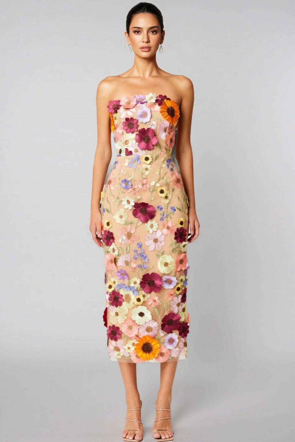 3D Floral Applique Strapless Mesh Bodycon Midi Dress