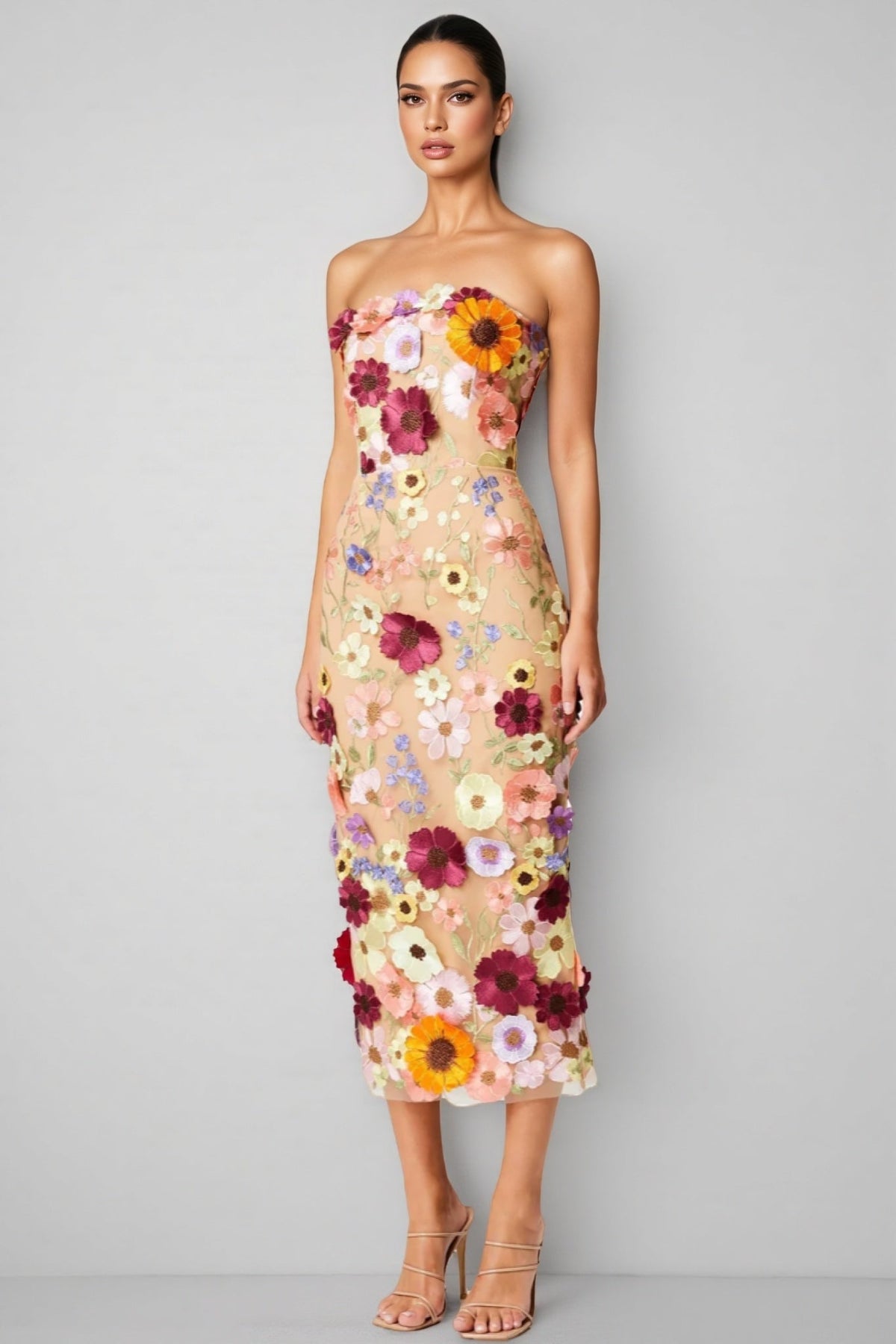 3D Floral Applique Strapless Mesh Bodycon Midi Dress - View 6
