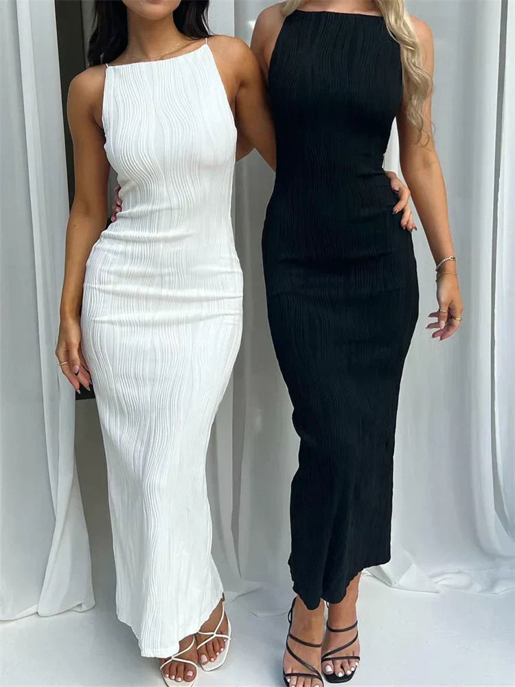 Textured Strappy Sleeveless Bodycon Maxi Dress