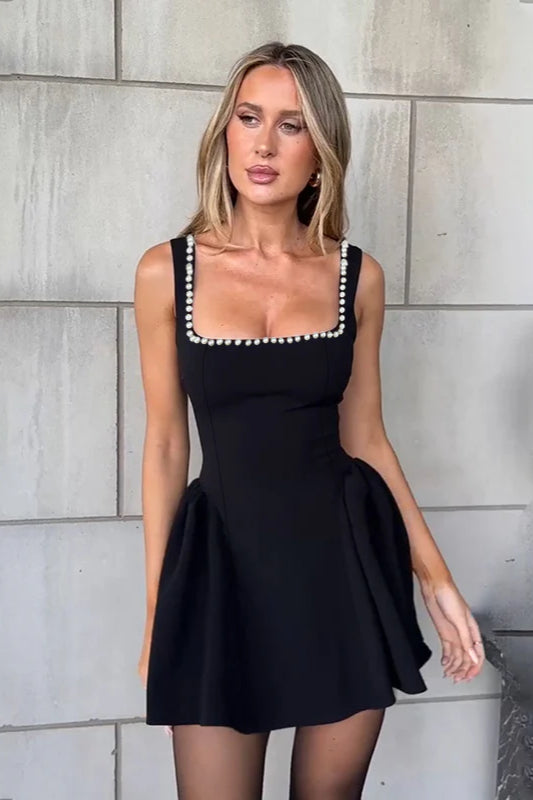 Pearl Trim Square Neck Party Dress