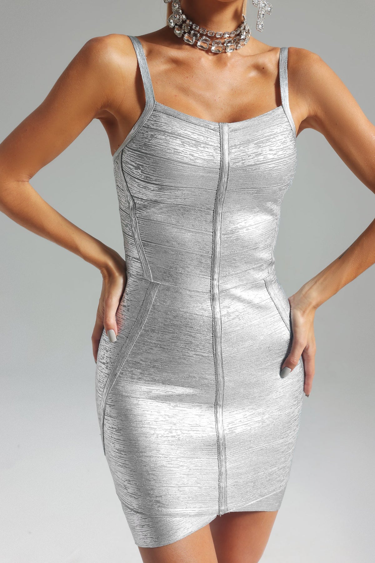 Bandage Spaghetti Strap Metallic Bodycon Mini Dress