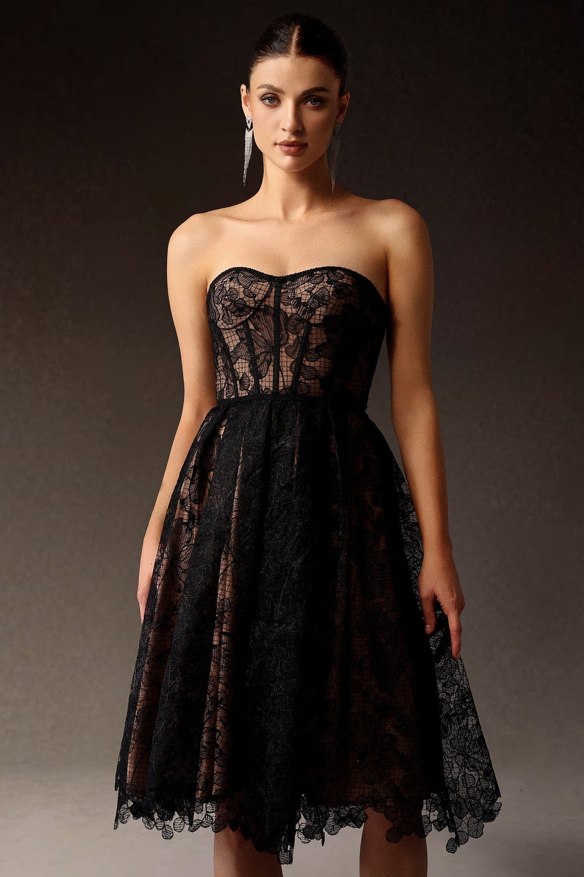 Lace Strapless Sweetheart Corset Fit and Flare Midi Dress