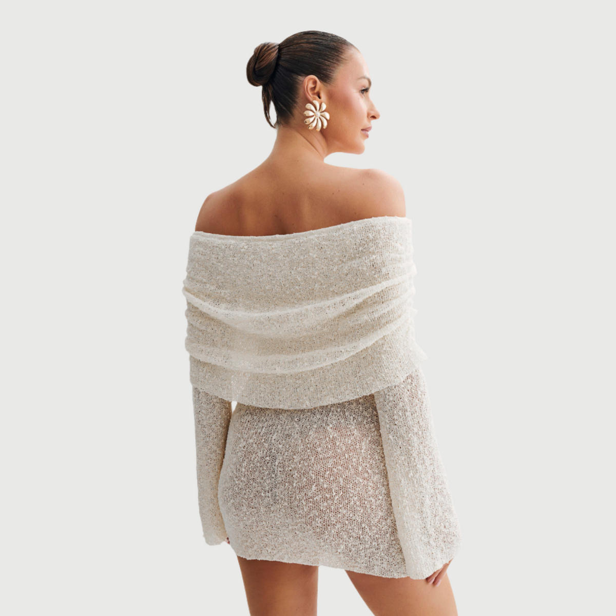 Boucle Knit Off-Shoulder Long-Sleeve Bodycon Mini Dress 8