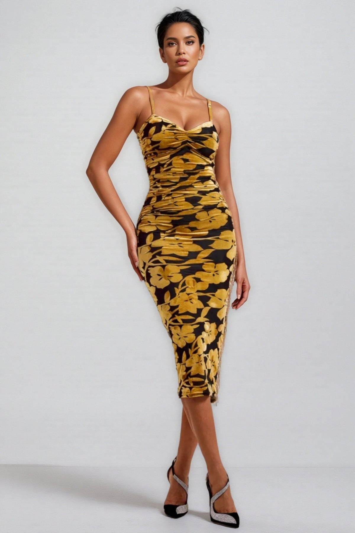 Velvet Floral Spaghetti Strap Ruched Bodycon Midi Dress